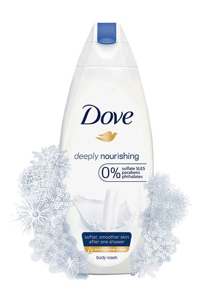 Gel douche Deep Nourishing avec 1/4 de crème hydratante de Dove.