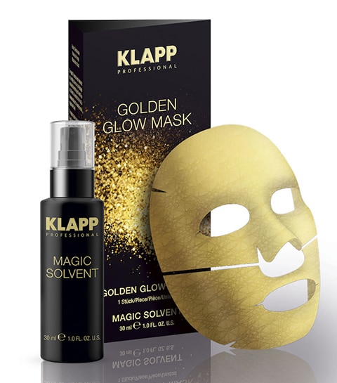 Le soin Golden Glow Mask de Klapp Cosmetics dure une heure et se présente sous forme d'un kit contenant un masque tissu et un spray.