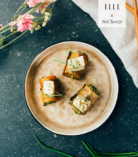 Roulés d’aubergines au pesto de SoCheeze aux olives