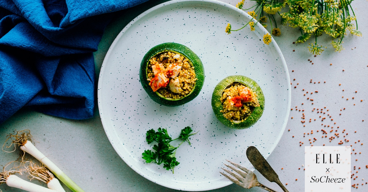 Gevulde courgette met quinoa, gebakken kastanjechampignons en gedroogde tomaat