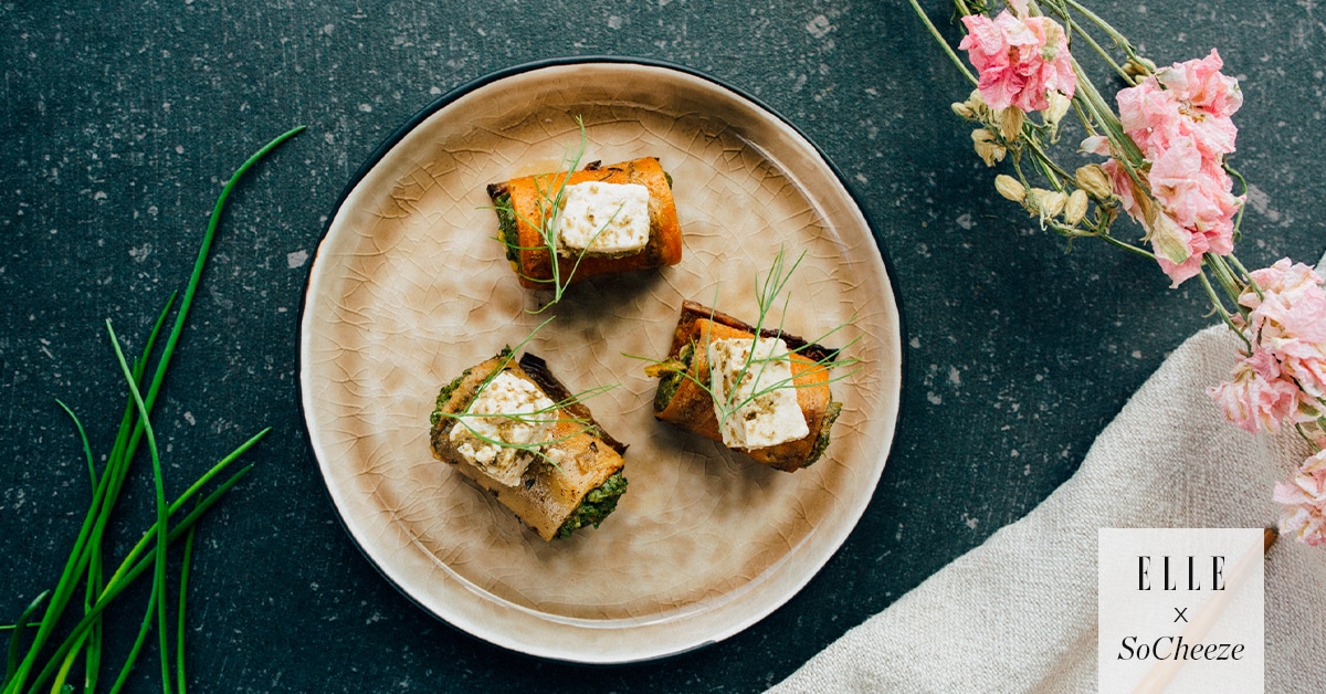 Auberginerolletjes met pesto van gemengde olijven