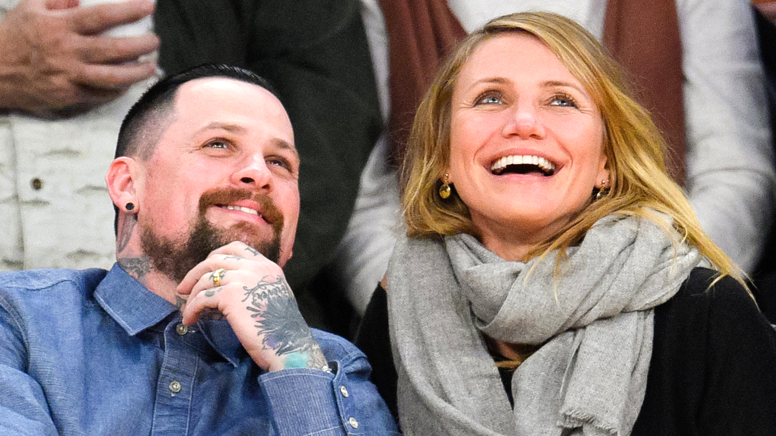 LOS ANGELES, CA - JANUARY 27:  Benji Madden (L) and Cameron Diaz attend a basketball game between the Washington Wizards and the Los Angeles Lakers at Staples Center on January 27, 2015 in Los Angeles, California.  (Photo by Noel Vasquez/GC Images)