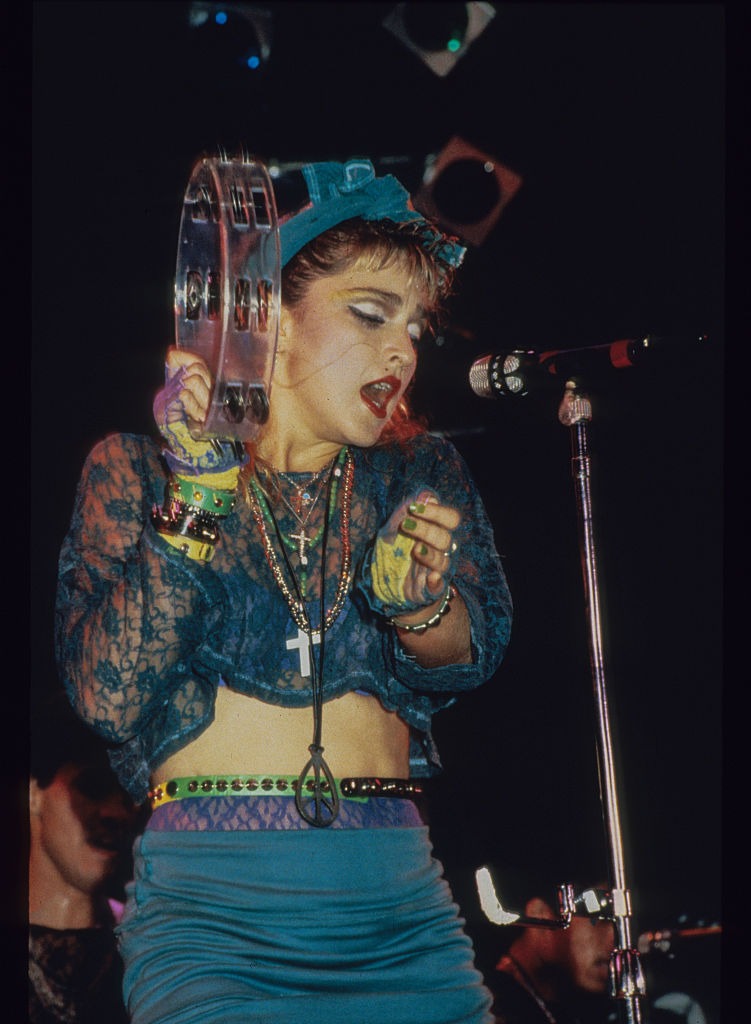 Madonna on stage for her 1985 Virgin Tour.