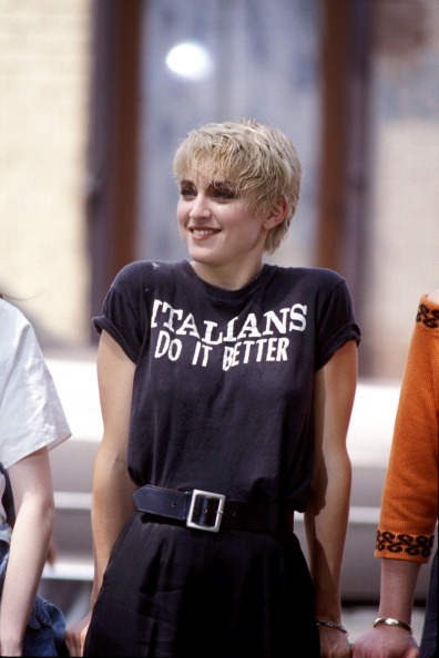 Madonna filming the video for "Papa Don't Preach" in spring 1986