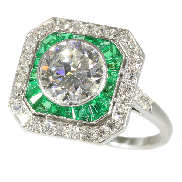 Art deco verlovingsring met diamant en smaragd
