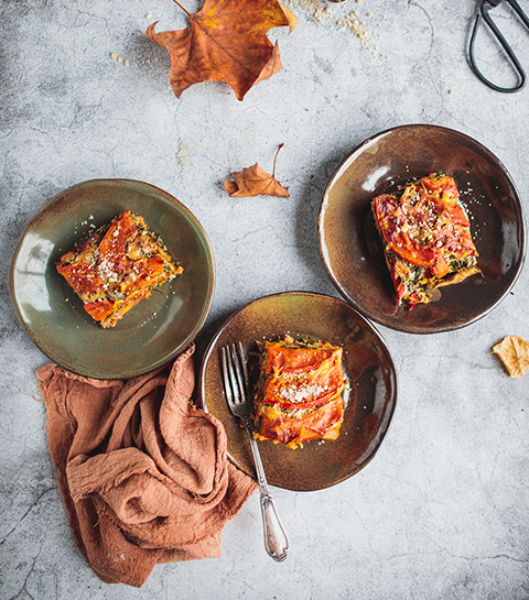 Herfstige lasagne met spinazie en pompoen