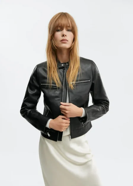 Leren jack met symmetrische sluiting, Mango, โฌ279,99