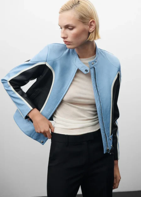 Leren bikerjack met contrast, Jen Ceballos x Mango, Mango, โฌ299,99