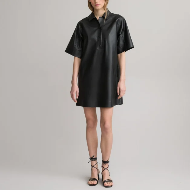 Kunstleren, korte rechte jurk met korte mouwen, La Redoute, nu €38,99