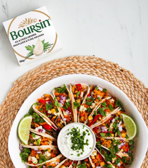 Streetfood-apéro: veggie-taco’s met Boursin Knoflook & Fijne kruiden